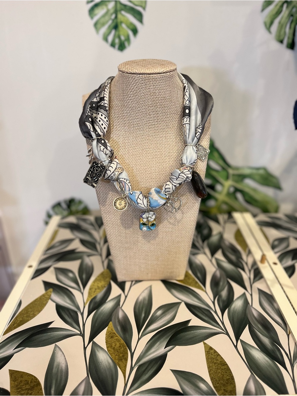 Silk Scarf Necklace with Blue & Silver Charms